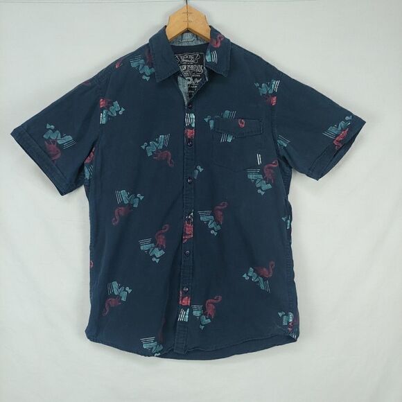 Broken Threads Button Down Blue Vtg Art Deco Pink Flamingo Shirt Med - Picture 1 of 8